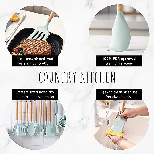 Country Kitchen Non Stick Silicone Utensil Set with Rounded Wood