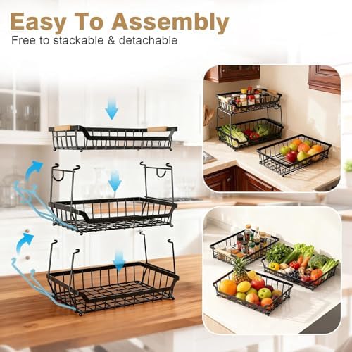 3 Tier Fruit Basket with 2 Banana Hangers for Kitchen Counter