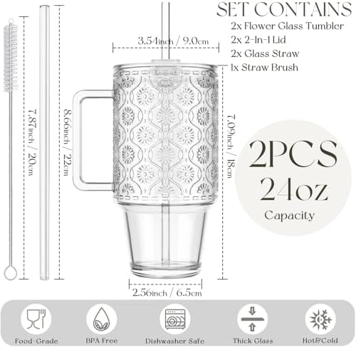 KEMORELA 24oz Ribbed Glass Tumbler with Handle & Lid, Iced Coffee Cups