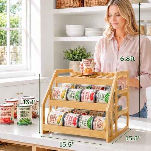 HOMESTEAD Bamboo Can Organizer for Pantry - 3 Tier Rack with Adjustable Dividers, Gravity Feed Canned Goods Organizer, 36 Cans Soda Storage