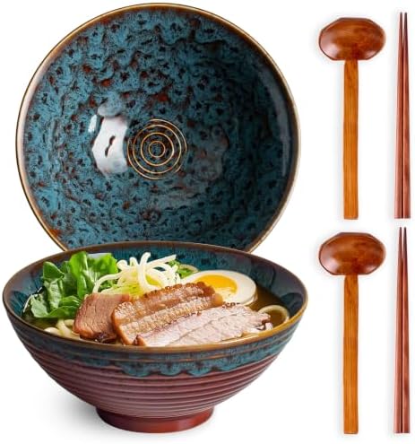 40oz Japanese Ceramic Ramen Bowl Set of 2 with Chopsticks and Spoons