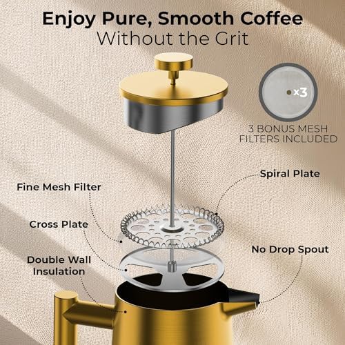 Stainless Steel French Press, 34 Oz, Gold