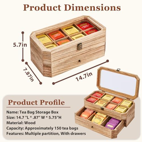 Tea Bag Organizer, Rust Wood 2 Layer Tea Box Organizer Storage