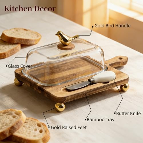 HAN SHENG Gold Bird Butter Dish with Glass Lid Knife, Butter Storage