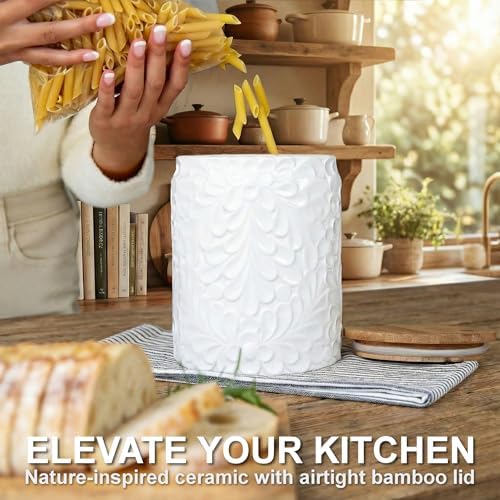 25DOL XXL 94 Oz Engraved Ceramic Kitchen Canister, Airtight Bamboo Lid