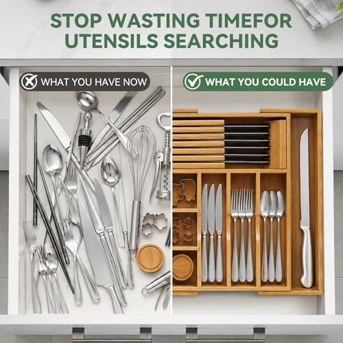 Luxury Teak Expandable Kitchen Drawer Organizer - Cutlery & Utensil