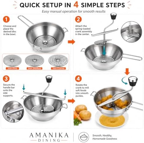 Food Mill Stainless Steel, 2 Qt Manual Food Mill with 3 Discs