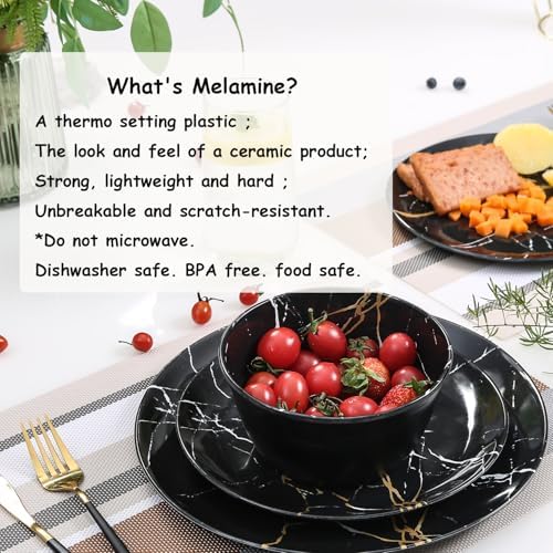 Melamine Dinnerware Sets - 12PCS Plates and Bowls Sets Black Marble