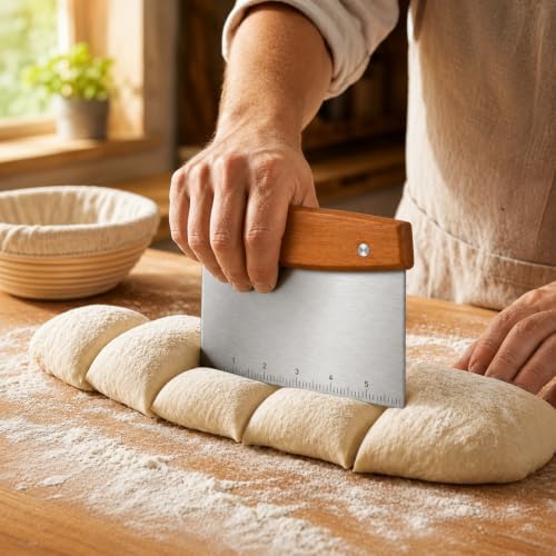 6 Inch Pizza Dough Cutter with Wooden Handle, Sour Dough Scraper Tool