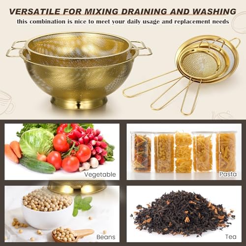 Baderke 5 Pcs Gold Strainers and Colanders Set Including 4/5 Quart