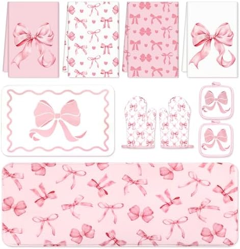 JarThenaAMCS 10Pcs Pink Bow Kitchen Dish Towels Rugs Oven Mitts and