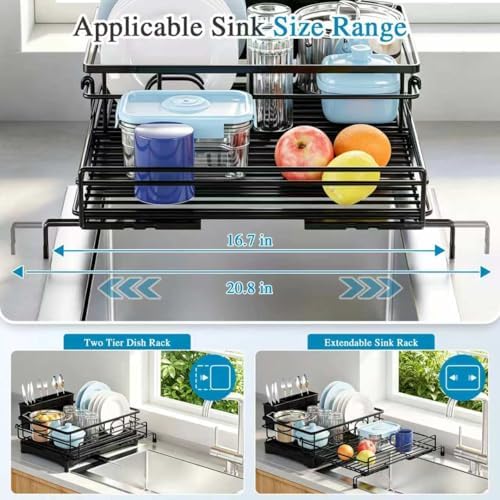 Expandable Dish Drying Rack for Kitchen Counter, Large Capacity Dish Rack with 360° Rotatable Drain Spout & Utensil Holder, Stainless Steel Dish Drainer for Kitchen Sink, Black