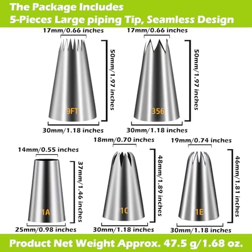 Suuker Large Piping Tips Set, 5 Cake Decorating Tips, 1A 1E 1C 9FT 356