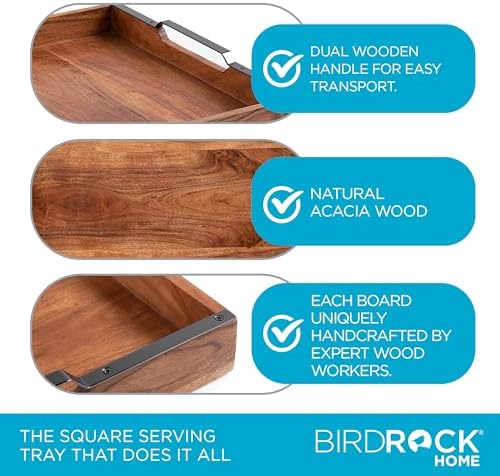 Acacia Wood Serving Tray with Handles - 16 Inch Square Large Serving