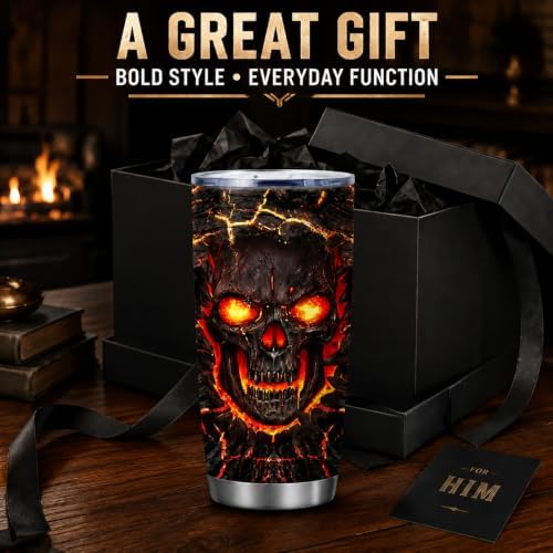Funny Skull Halloween Tumbler, 20oz Fiery Coffee Cup for Men