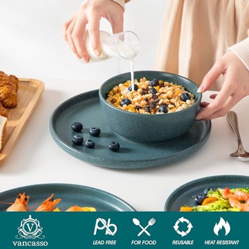 vancasso Plates and Bowls Sets, 24 Pieces Stoneware Dinnerware Set for 8, Ceramic Dish Set for Kitchen, Microwave and Dishwasher Safe, Smoky Teal, Series ZERMATT