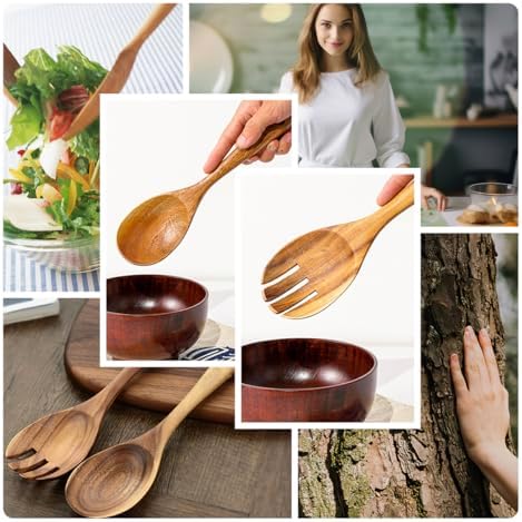 Teak Wood Salad Serving Spoon and Spork 13-Inch, Large Wooden Salad