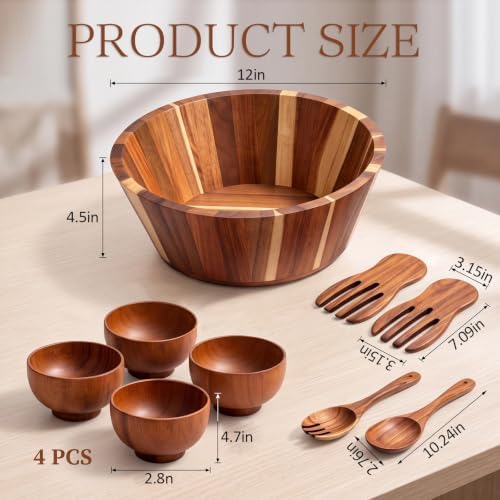 Honeydak 9 Pcs 12" Wood Salad Bowl with 4.7" Serving Bowls and