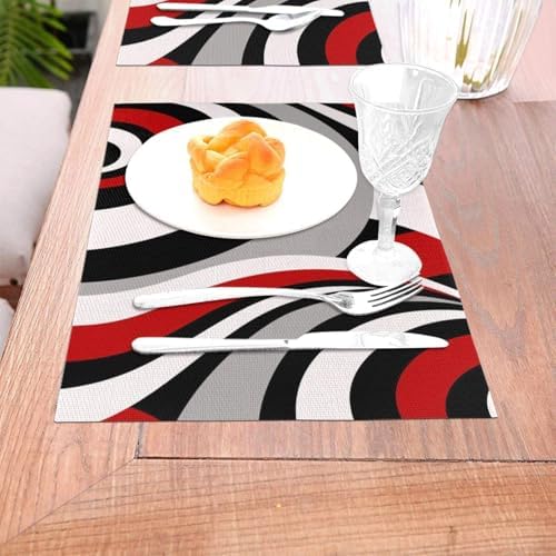 Black Red Retro Modern Swirl Linen Placemats Set of 4, Washable Heat