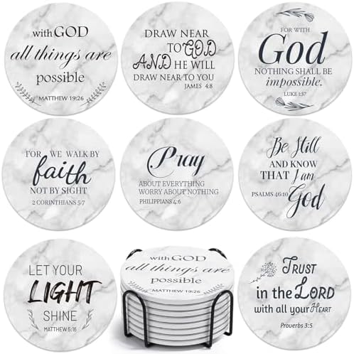 Billbotk Ceramic Coasters with Bible Verses, Coasters Set of 8 with