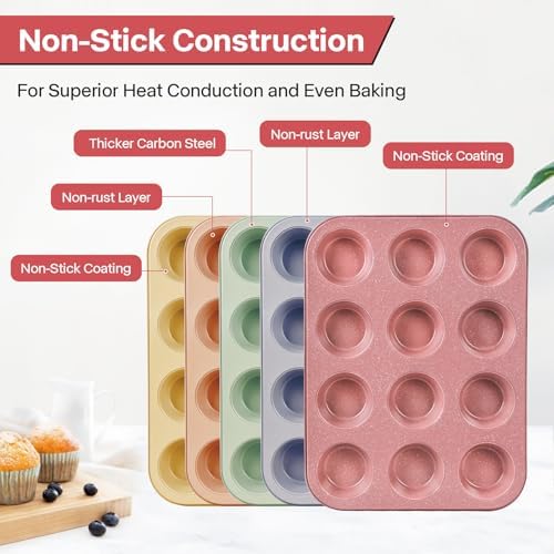 2-Pack Pink Nonstick Muffin Pans, 12-Cup Muffin Cake Pan, 5-Layer Free