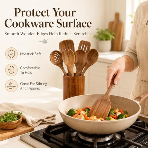 10-Piece Natural Teak Wood Kitchen Utensil Set with Holder