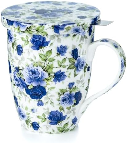 Chintz Dark Blue Roses Fine Bone China Tea Mug with Lid and Infuser