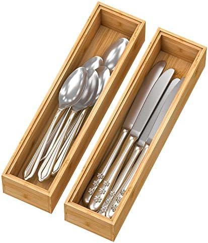 Bamboo Kitchen Drawer Organizer 12"x 3", Wooden Stackable Silverware