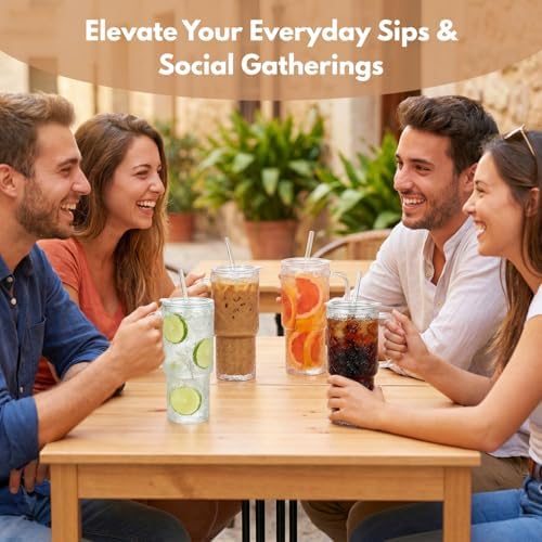 20 oz Glass Tumbler with Lid and Straw, Glass Iced Coffee Cups