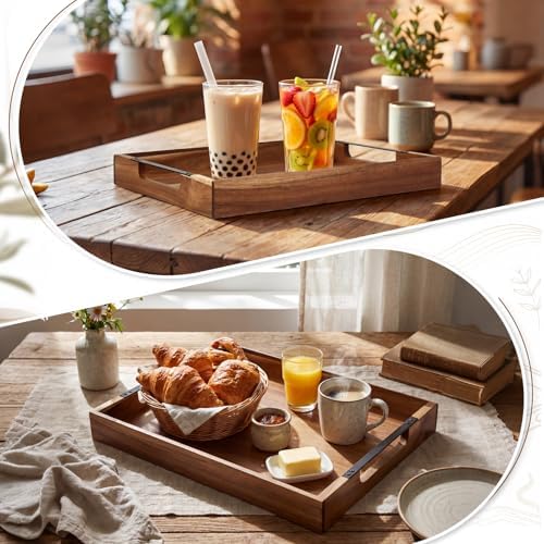 Sliner 2 Pcs Ottoman Trays, 17x13in Acacia Wood Serving Tray with