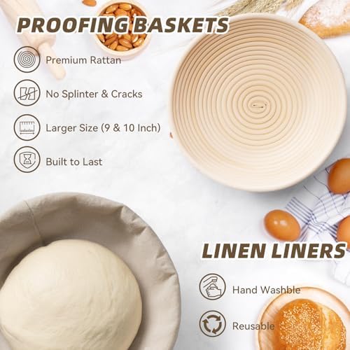 Kikcoin 9" & 10" Banneton Bread Proofing Basket Set, Round Banneton