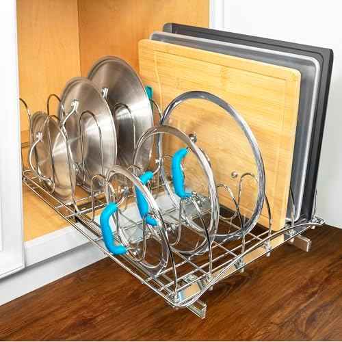 LYNK PROFESSIONAL® Pull Out Pot and Pan Lid Organizer Inside Cabinet - Lifetime Ltd. Warranty – Cookie Sheet Organizer for Cabinet – Slide Out Baking Sheet Organizer - 14W x 21D, Extra-Large, Chrome