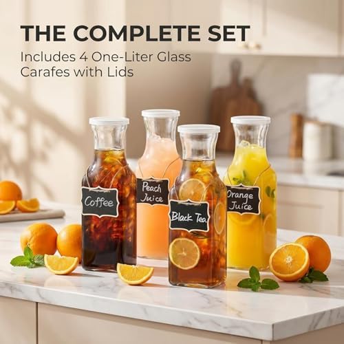 4Pcs Square Glass Carafe Juice Containers 1 Liter Clear Glass Pitcher