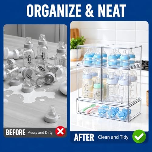 Baby Bottle Organizer Stackable, Acrylic Storage Drawers 5 pack with