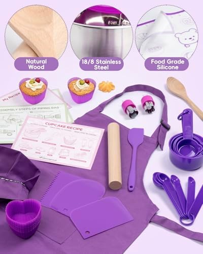 Kids Baking Set with Real Cooking Utensils (Purple)