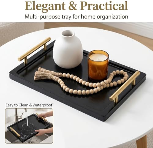 PEKER Wooden Serving Tray with Metal Handles, Black Decorative Coffee