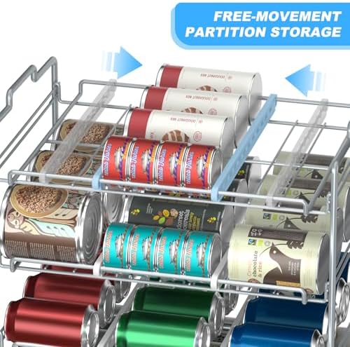 4 Tiers Stackable Can Rack Organizer, Wear-resistant Upgrade Beverage Food Can Dispenser Holder Holds up to 48 Cans for Kitchen Cabinet and Pantry (Silver)