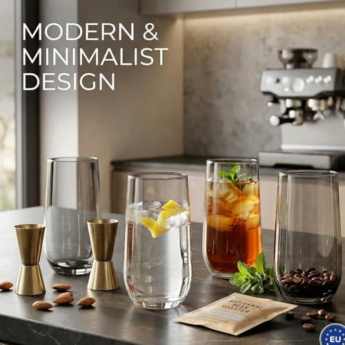 Grey Drinking Glasses Set of 6 | Translucent Black Glassware | 16 oz