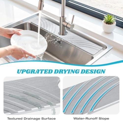 SpaceHacks Stone Faucet Mat for Kitchen Sink 23.7x4 in, Light Gray