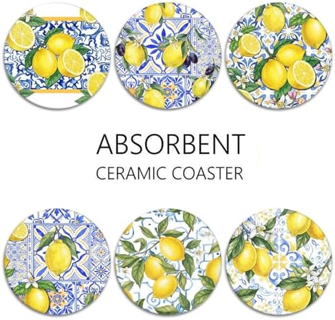 Coasters for Drinks, Set of 6, Ceramic Stone Yellow Blue
