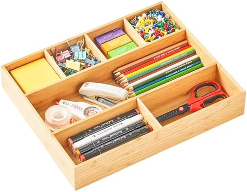 Umilife Large Bamboo Desk Drawer Organizer, Wood Office Junk Tray