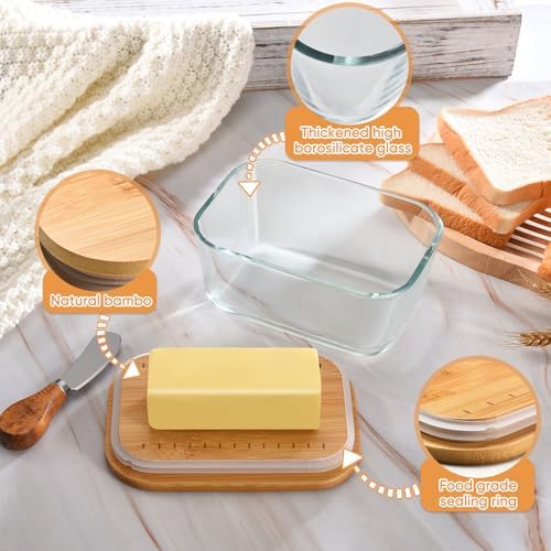 HEKEIEON Glass Butter Dish With Bamboo Sealed Lid - Large Tray for