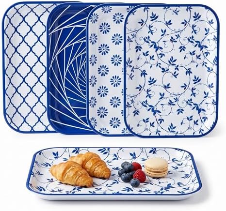 Vesici 4 Pack Blue White Melamine Serving Trays, 13 x 10 Inch Platters