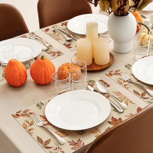 Bonhause Maple Leaves Fall Placemats Set of 4, 12x18 Inch Autumn Decor