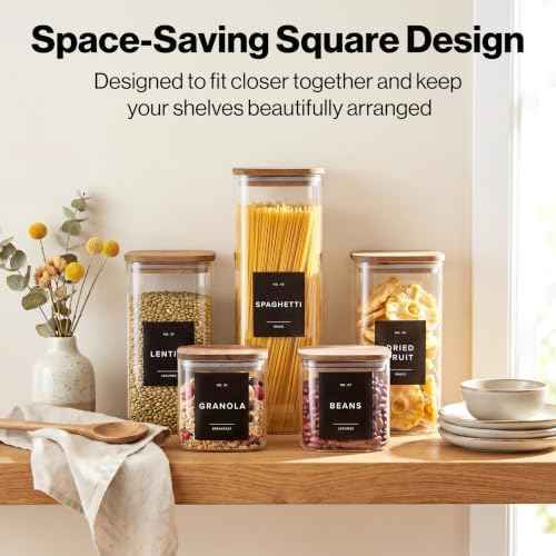 Glass Pantry Storage Jars Containers with Acacia Lids and Labels - Set