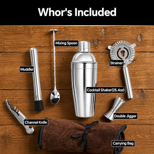 Stainless Steel Cocktail Shaker,25.4oz Bartender Kit Includes Strainer