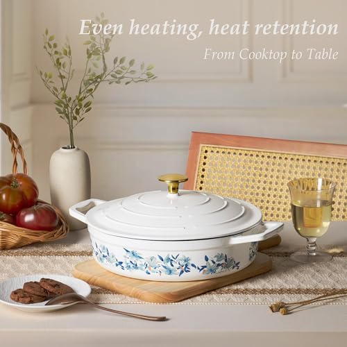 CAROTE 3.5QT Enameled Cast Iron Braiser Pan, Shallow Floral Dutch Oven