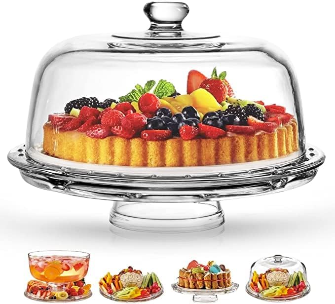Royalty Art Glass Cake Stand with Dome, 6-in-1 Convertible Server