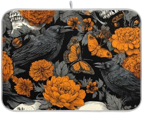 OTVEE Dark Floral Skull Dish Drying Mat for Kitchen Counter Absorbent