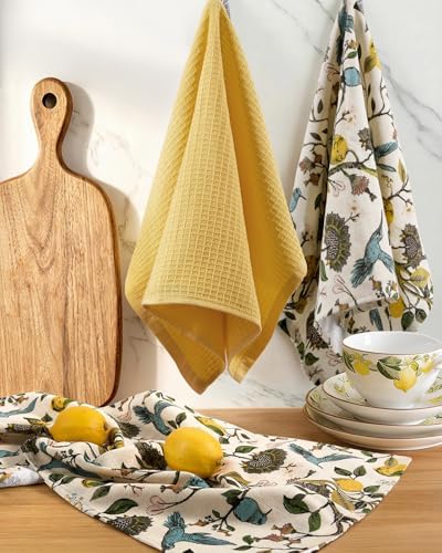 Miss Adola 3pcs 270GSM Cotton Kitchen Towels, Lemon Bird